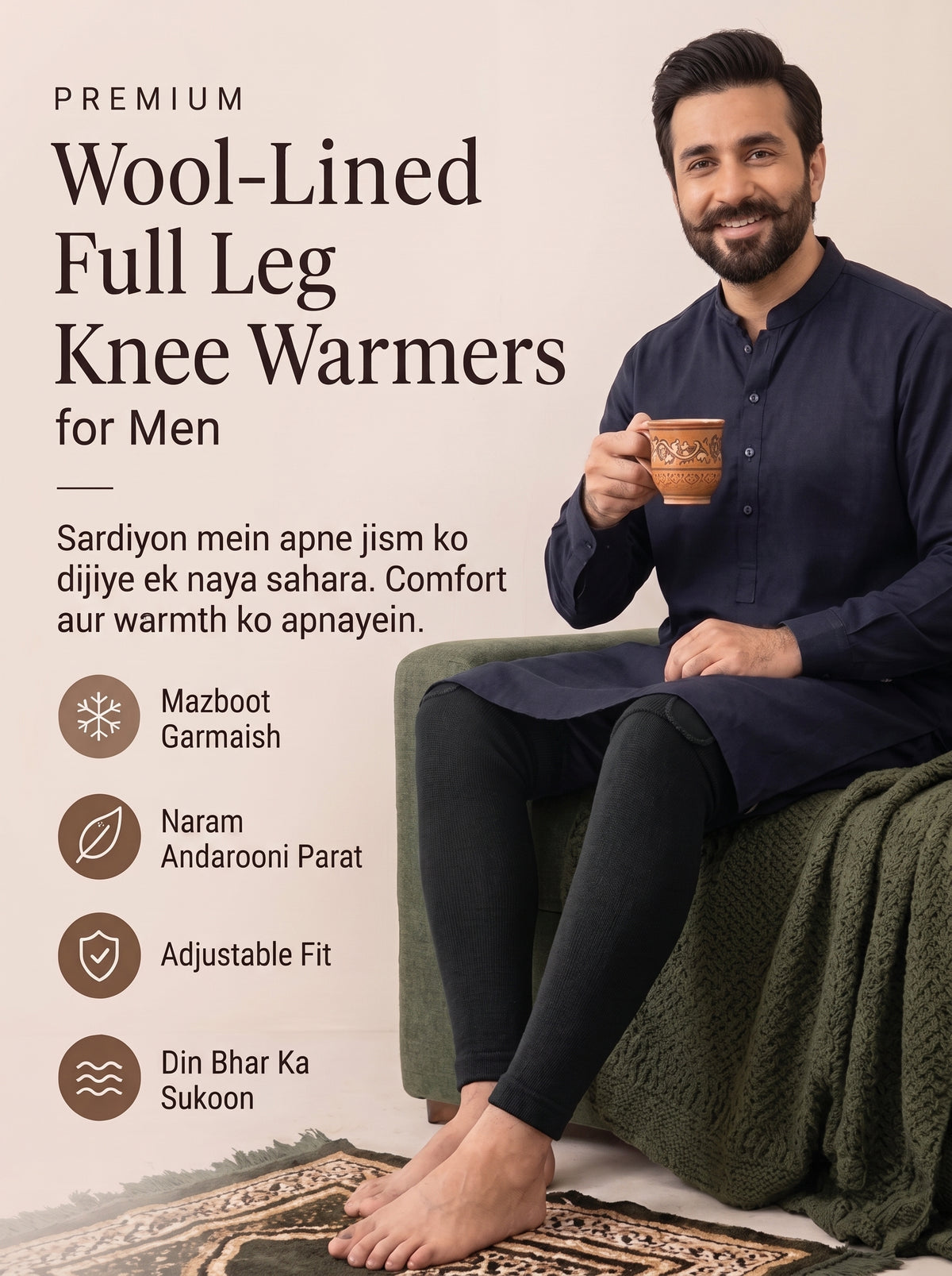 Premium Wool-Lined Full Leg Knee Warmers - Adjustable Thigh Strap
