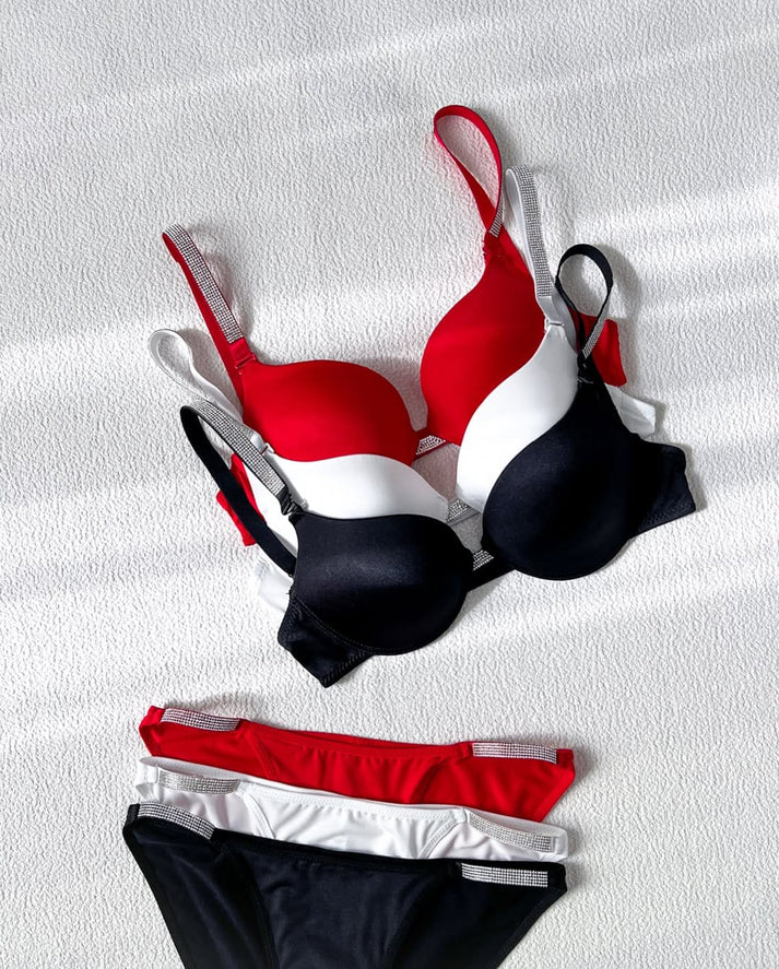 High Quality New Style Wired Rhinestone Straps Back Hook Adjustable Straps Bra & Panty Set Black E9191