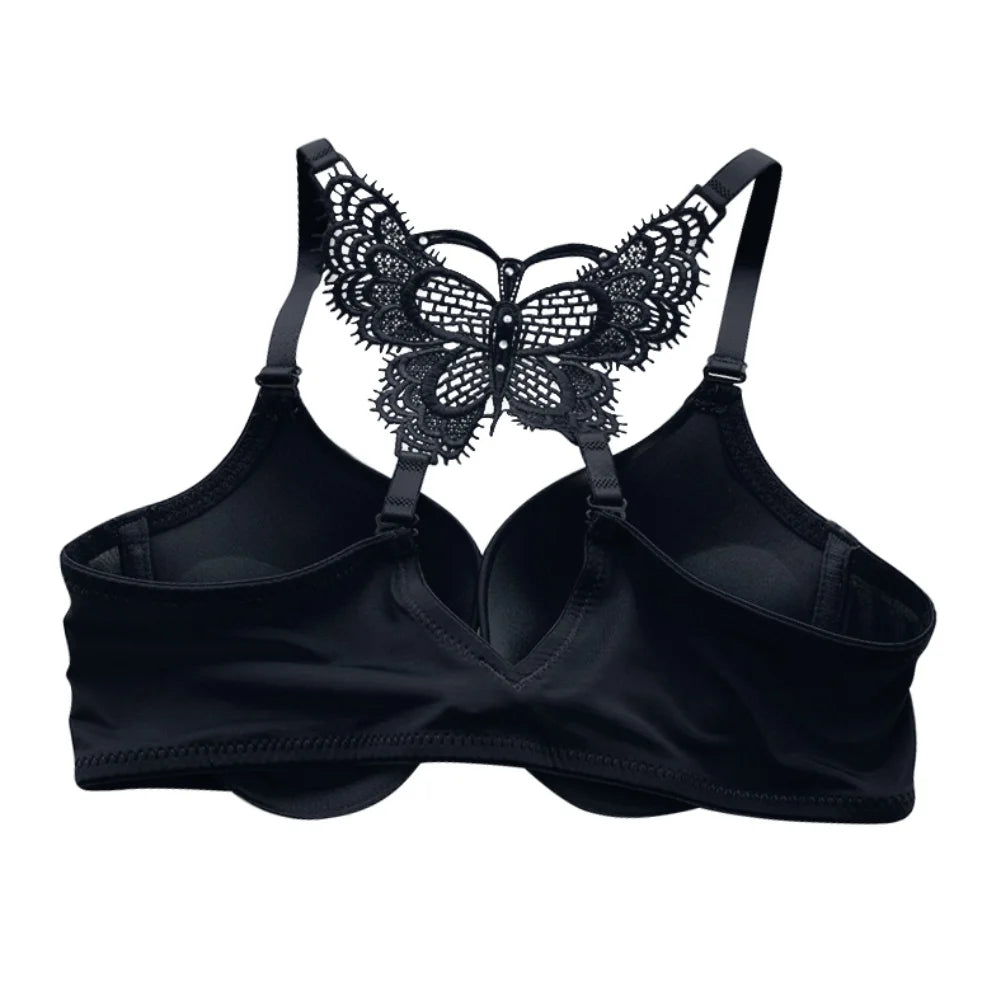 Lady Sexy Front Closure Push Up Solid Bras Y-Line-Straps Lace Butterfly Back Beauty Padded Bras Black