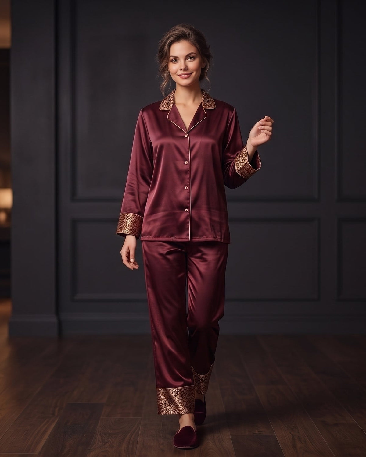 Dark Maroon Luxe Night Suit – Satin Silk & Korean Raw Silk