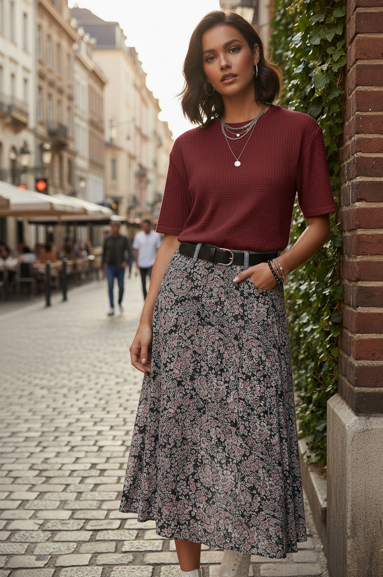 OVER-SIZED WAFFLE KNIT TEE - MAROON
