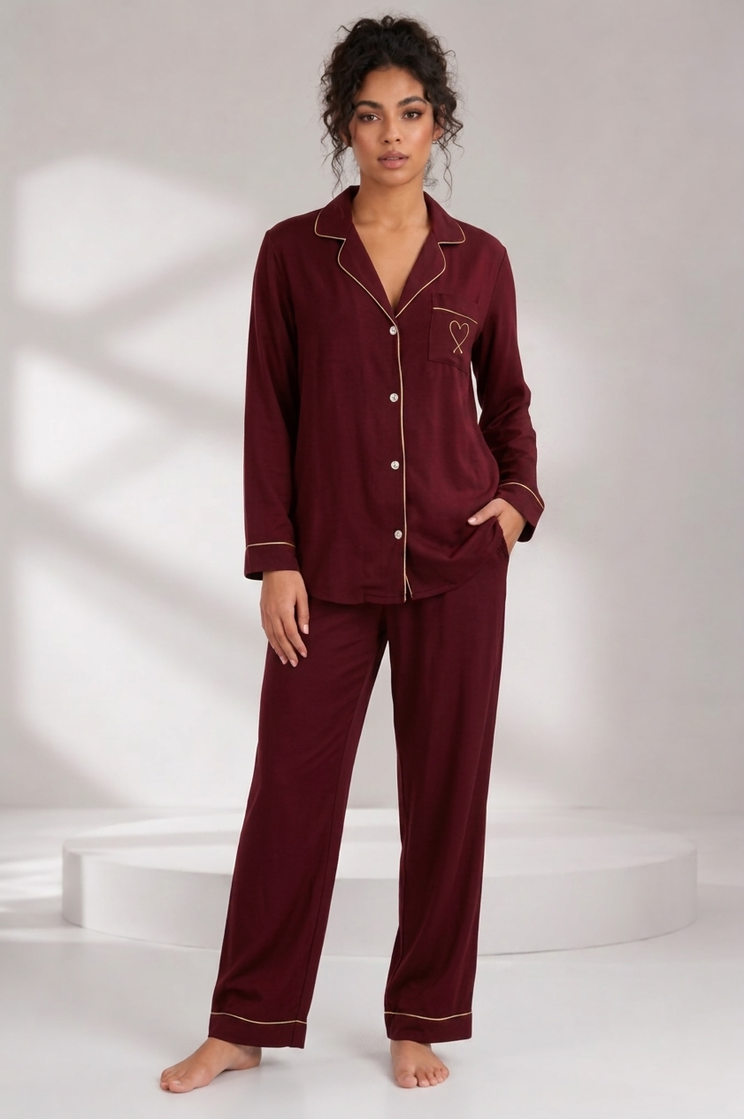Heart Button Down Summer Linen PJ - Maroon & Beige