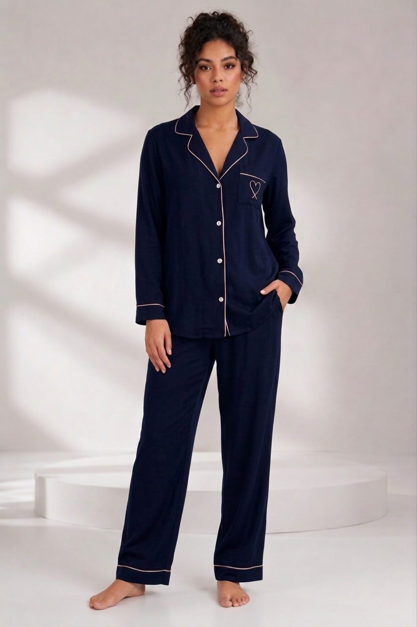 Heart Button Down Summer Linen PJ - Navy Blue & Pink