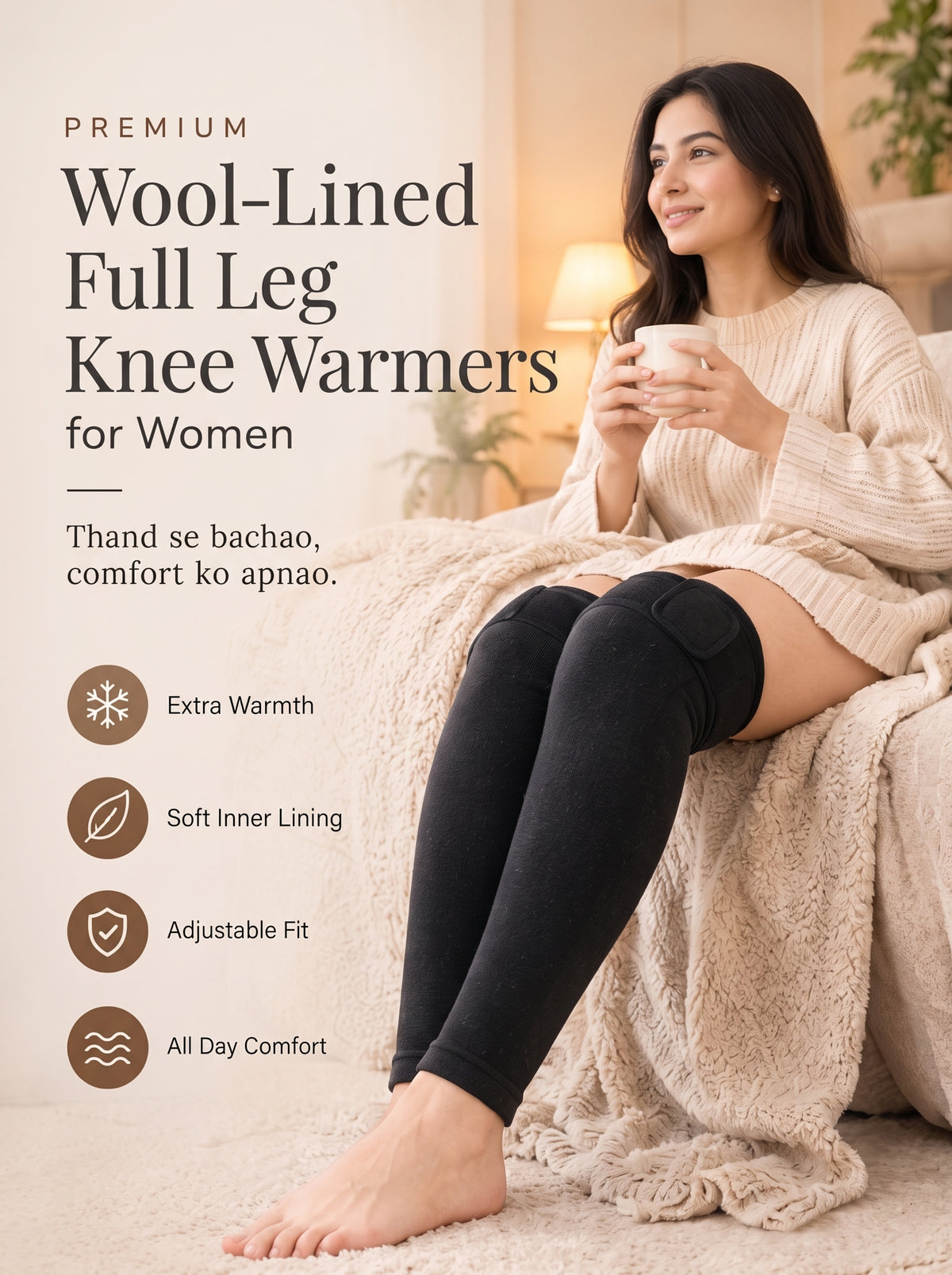 Premium Wool-Lined Full Leg Knee Warmers - Adjustable Thigh Strap