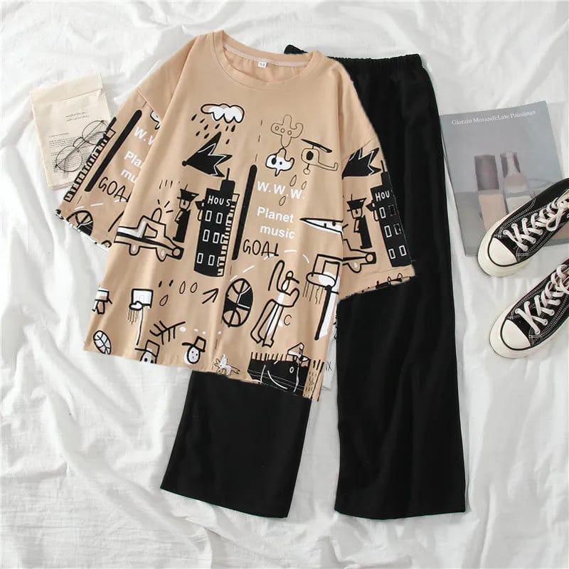 N-Planet Printed PJ Suit- Brown