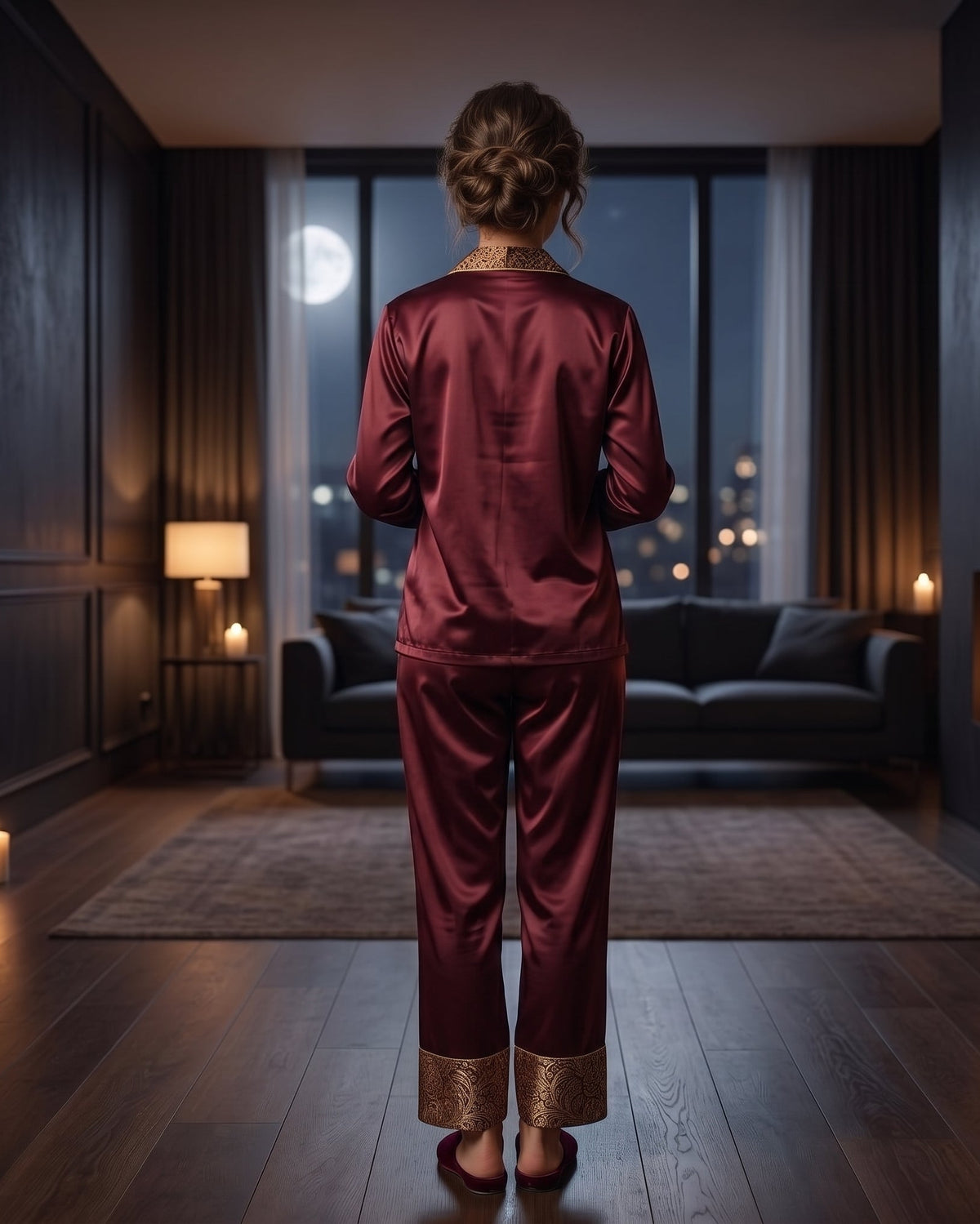 Dark Maroon Luxe Night Suit – Satin Silk & Korean Raw Silk