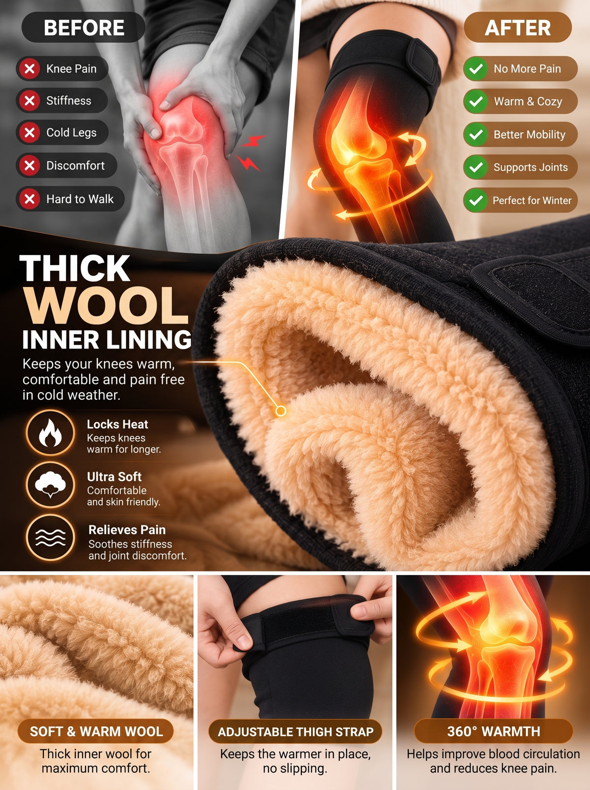 Premium Wool-Lined Full Leg Knee Warmers - Adjustable Thigh Strap