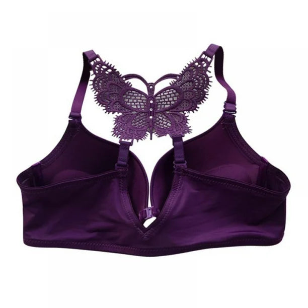 Lady Sexy Front Closure Push Up Solid Bras Y-Line-Straps Lace Butterfly Back Beauty Padded Bras Purple
