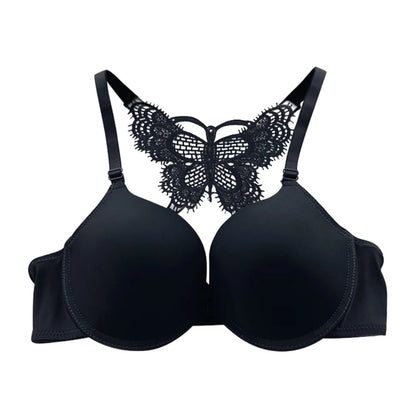 Lady Sexy Front Closure Push Up Solid Bras Y-Line-Straps Lace Butterfly Back Beauty Padded Bras Black