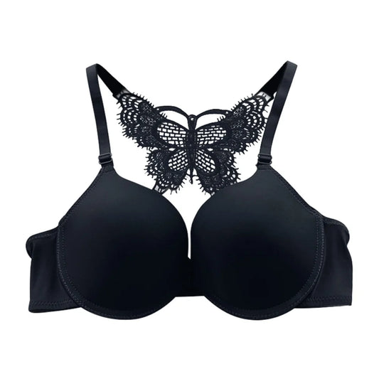 Lady Sexy Front Closure Push Up Solid Bras Y-Line-Straps Lace Butterfly Back Beauty Padded Bras Black