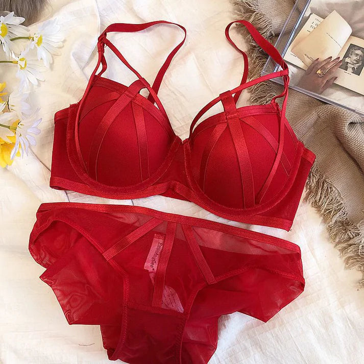 Sexy Front Cross Strips Padded Wired Bra & Panty 0001 Red