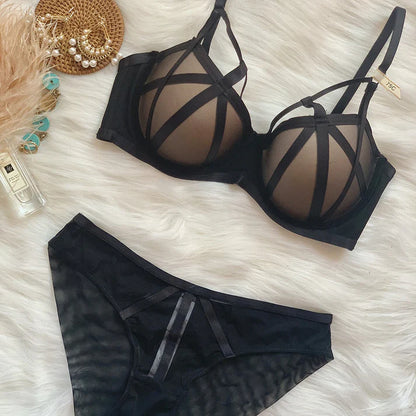 Sexy Front Cross Strips Padded Wired Bra & Panty 0001 Black