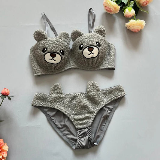 New High Quality Sexy Cute Bear Anime Soft Plush Design Bra & Panty Set Grey 0888