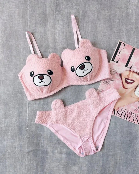 New High Quality Sexy Cute Bear Anime Soft Plush Design Bra & Panty Set Hot Pink 0888