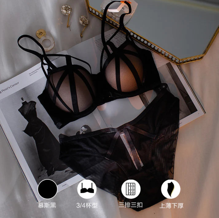 Sexy Front Cross Strips Padded Wired Bra & Panty 0001 Black
