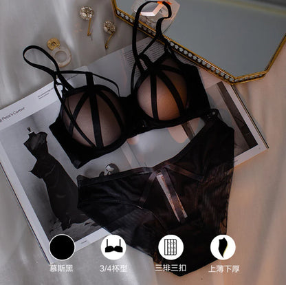 Sexy Front Cross Strips Padded Wired Bra & Panty 0001 Black