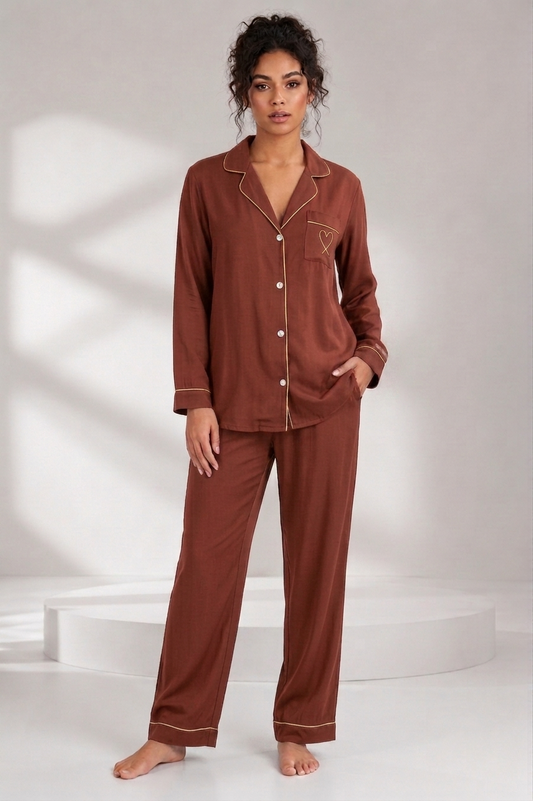 Heart Button Down Summer Linen PJ - Au Chico & Beige