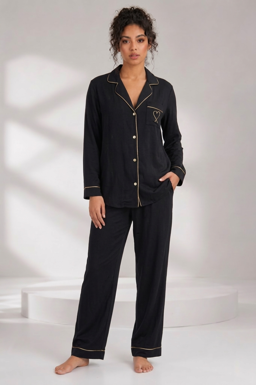 Heart Button Down Summer Linen PJ - Black & Gold