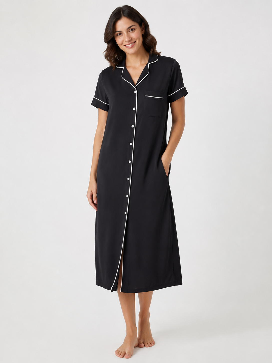 Linen Button-Down Lounge Dress - Black