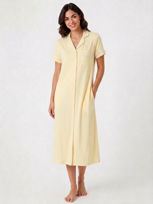 Linen Button-Down Lounge Dress - Butter Yellow