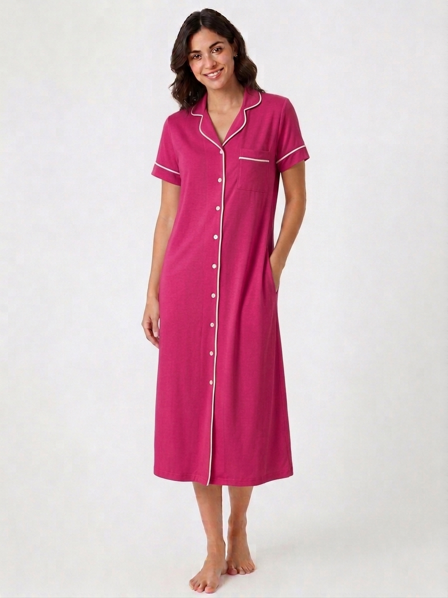 Linen Button-Down Lounge Dress - Dark Pink