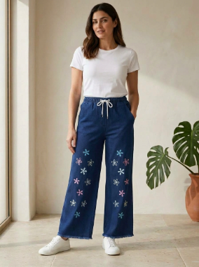 Floral Embroidered Denim Trouser