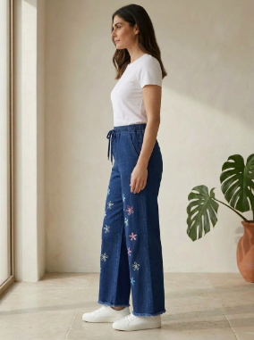 Floral Embroidered Denim Trouser