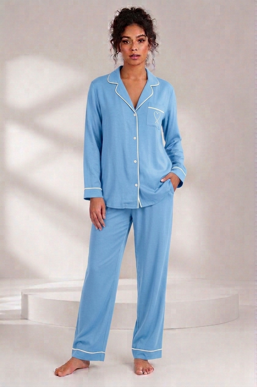 Heart Button Down Summer Linen PJ - Light Blue & Off-White