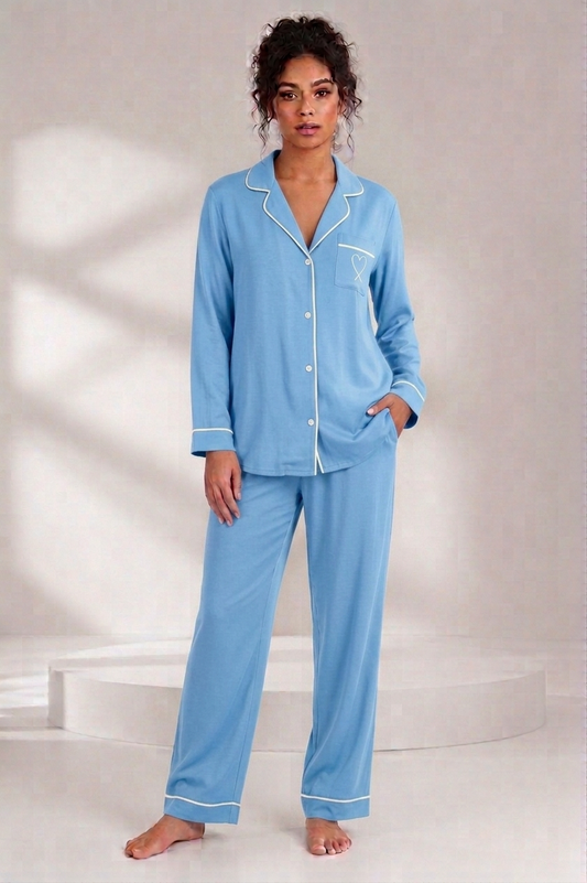 Heart Button Down Summer Linen PJ - Light Blue & Off-White