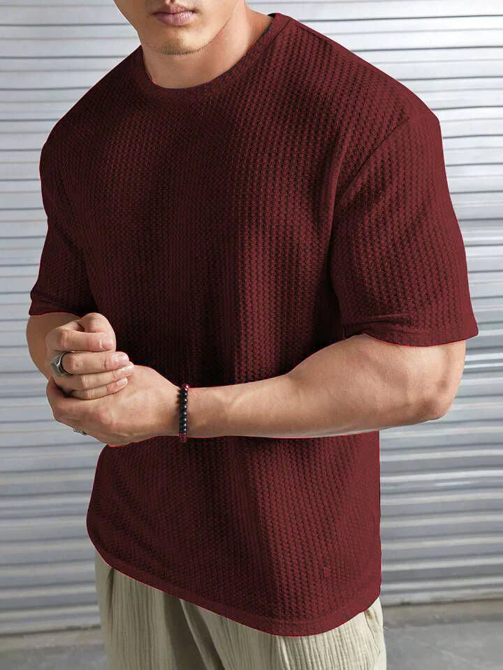 OVER-SIZED WAFFLE KNIT TEE - MAROON