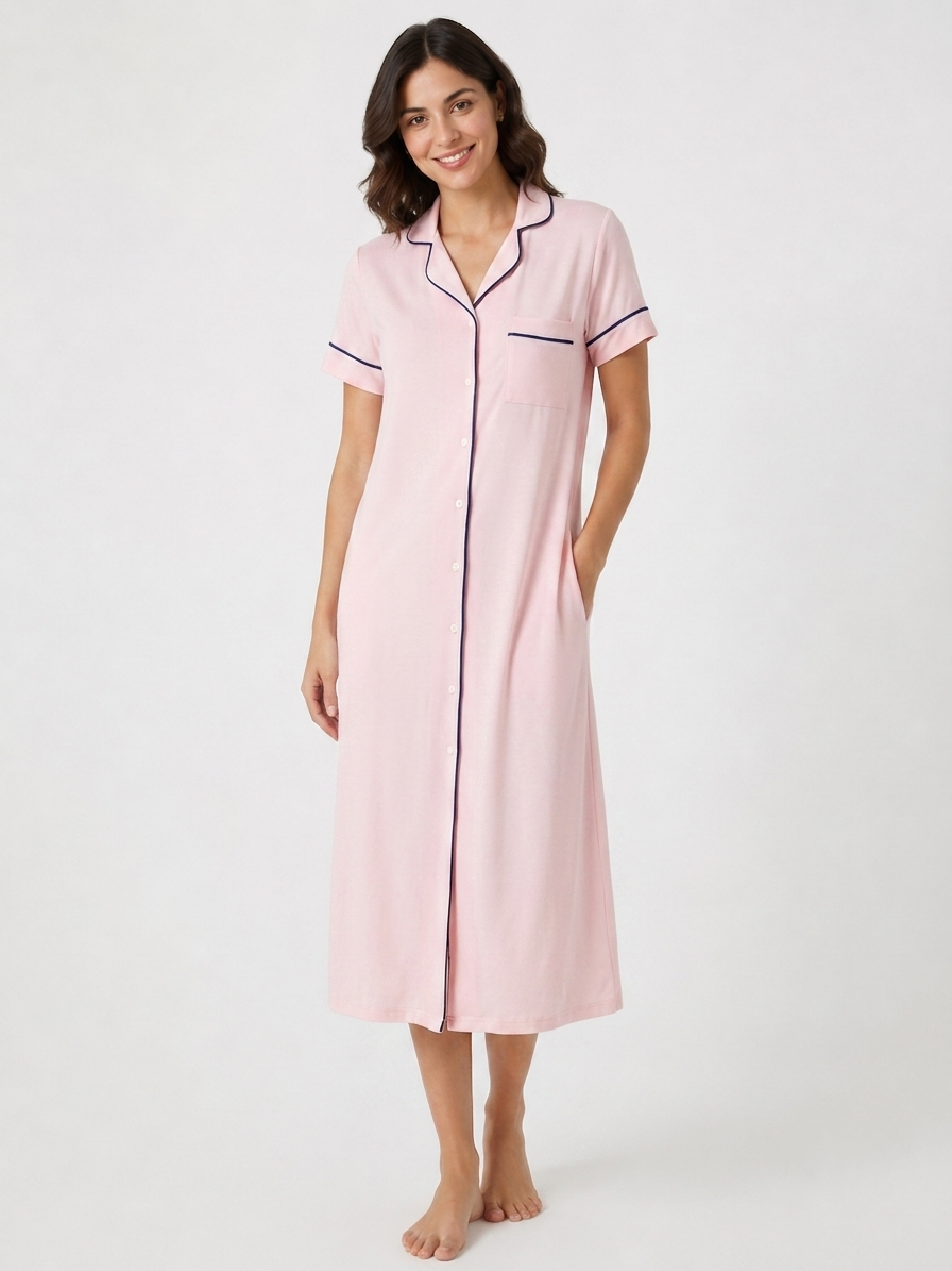 Linen Button-Down Lounge Dress - Baby Pink