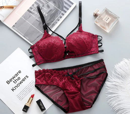 Flourish Push Up Padded Lace Bra And Panty Set Back Closure Seamless Lingerie Set Red 1801