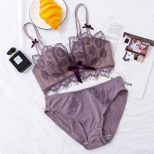 Soft Push Up Embroidered Bridal Bra and Panty Set Purple 8942