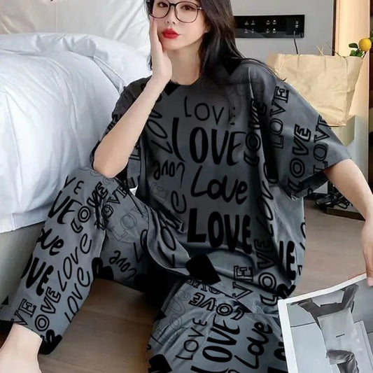 SR Dark Gray Love Printed Night Suit