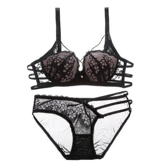 Flourish Push Up Padded Lace Bra And Panty Set Back Closure Seamless Lingerie Set Black