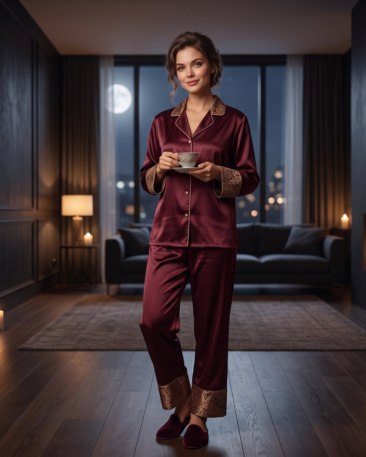 Dark Maroon Luxe Night Suit – Satin Silk & Korean Raw Silk