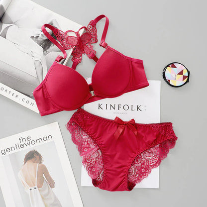 Front Open Butterfly Back Push-Up Bra Set - Maroon