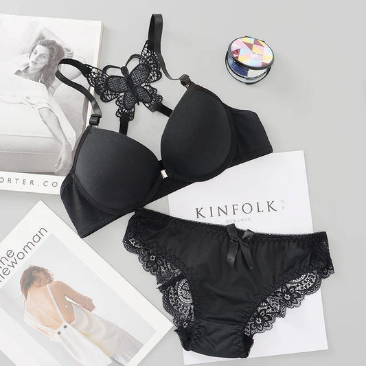 Front Open Butterfly Back Push-Up Bra Set - Black