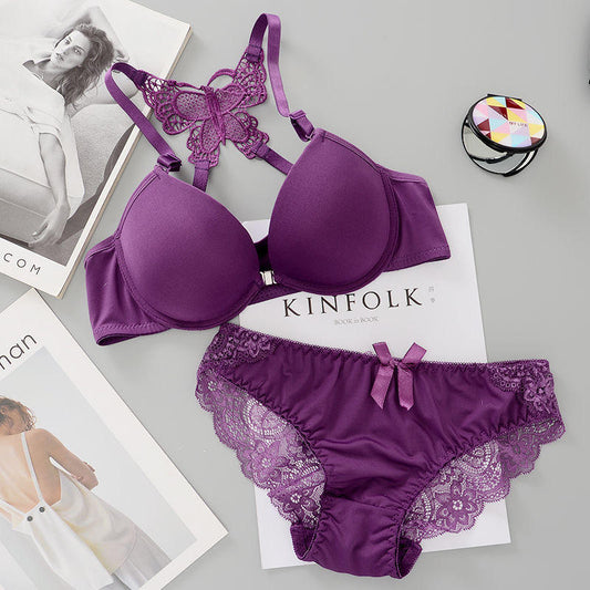 Front Open Butterfly Back Push-Up Bra Set - Purple