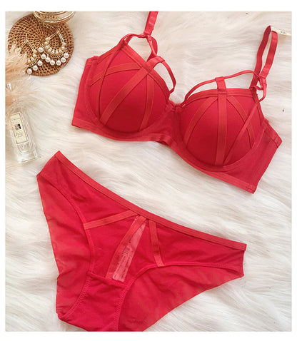 Sexy Front Cross Strips Padded Wired Bra & Panty 0001 Red